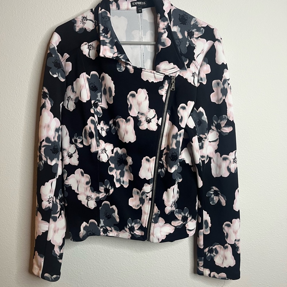 Express Pink and Black Floral Suit Zipper Jacket
